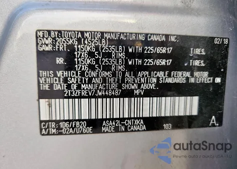 2018 Toyota Rav4 Le из США, поврежденный, VIN 2T3ZFREV7JW448487